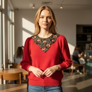 Vintage Viki International‎ Sweater Red Holidays Beaded Medium Christmas